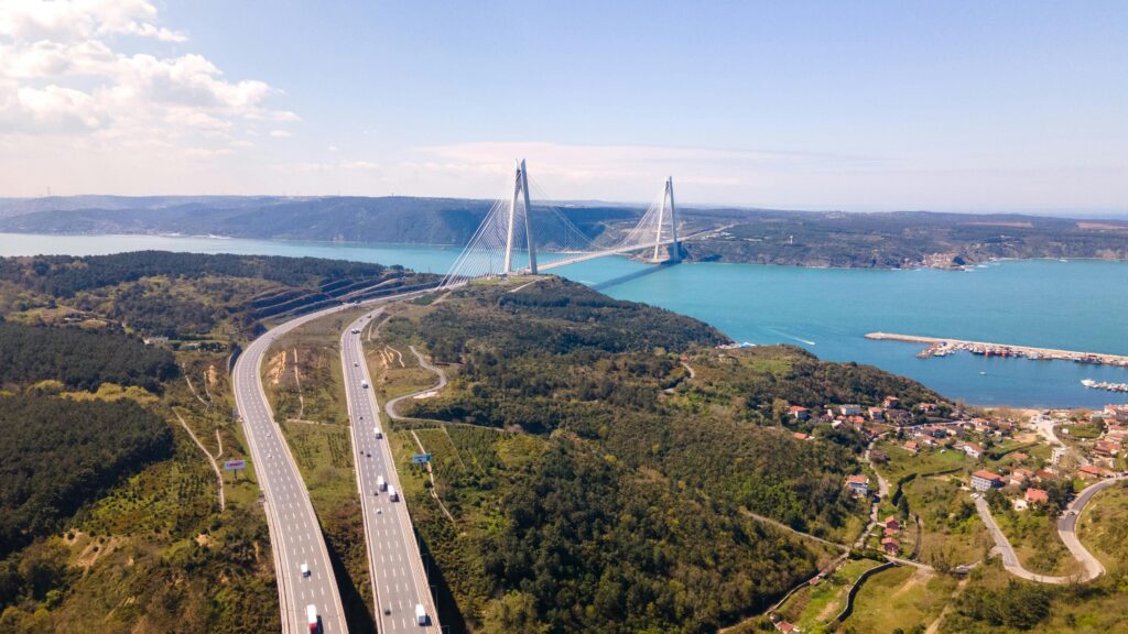 Scenic aerial view of Yavuz Sultan Selim Bridge over Bosporus Strait, Istanbul.